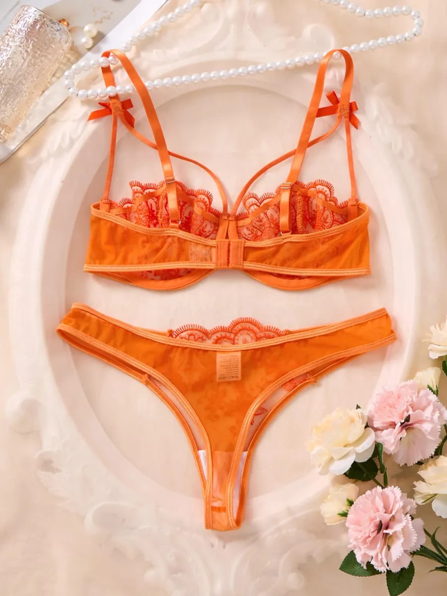 Sexy Orange Lace Lingerie Set Women Push Up Bra and Panty Set Butterfly Bow Underwear Female Intimates Sleepwear ZA824057
