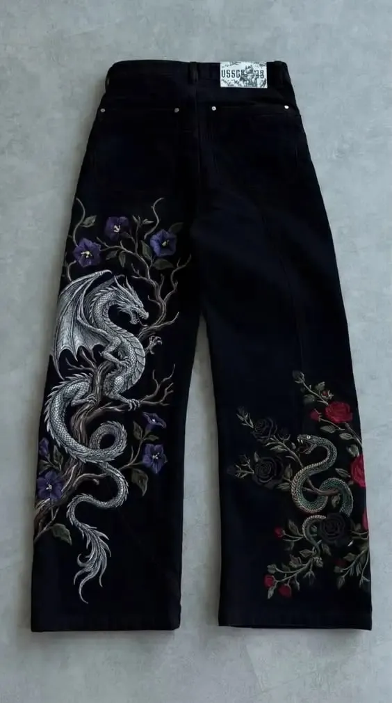 Y2K Vintage Baggy Jeans Men Orange Graffiti Print Wide Leg Skate Pants Retro 90s Hip Hop Streetwear Dark Denim Trousers
