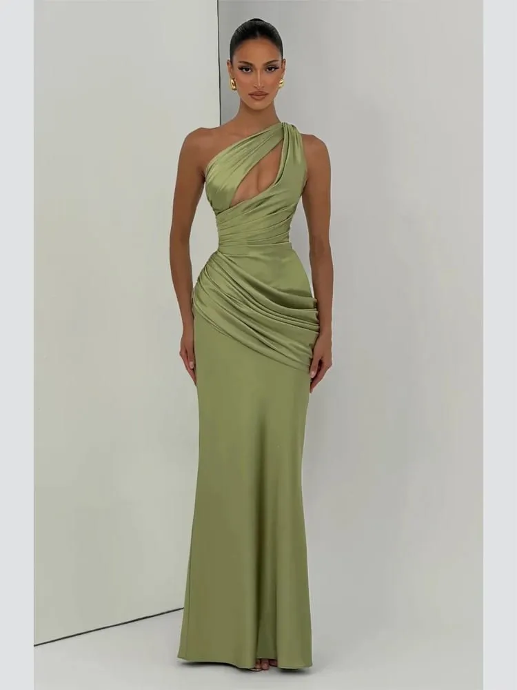 Satin One Shoulder Cutout Long Dress Women Elegant Solid Ruched Mermaid Slim Fit Flowy Vestido 2026 Lady Summer Evening Dresses