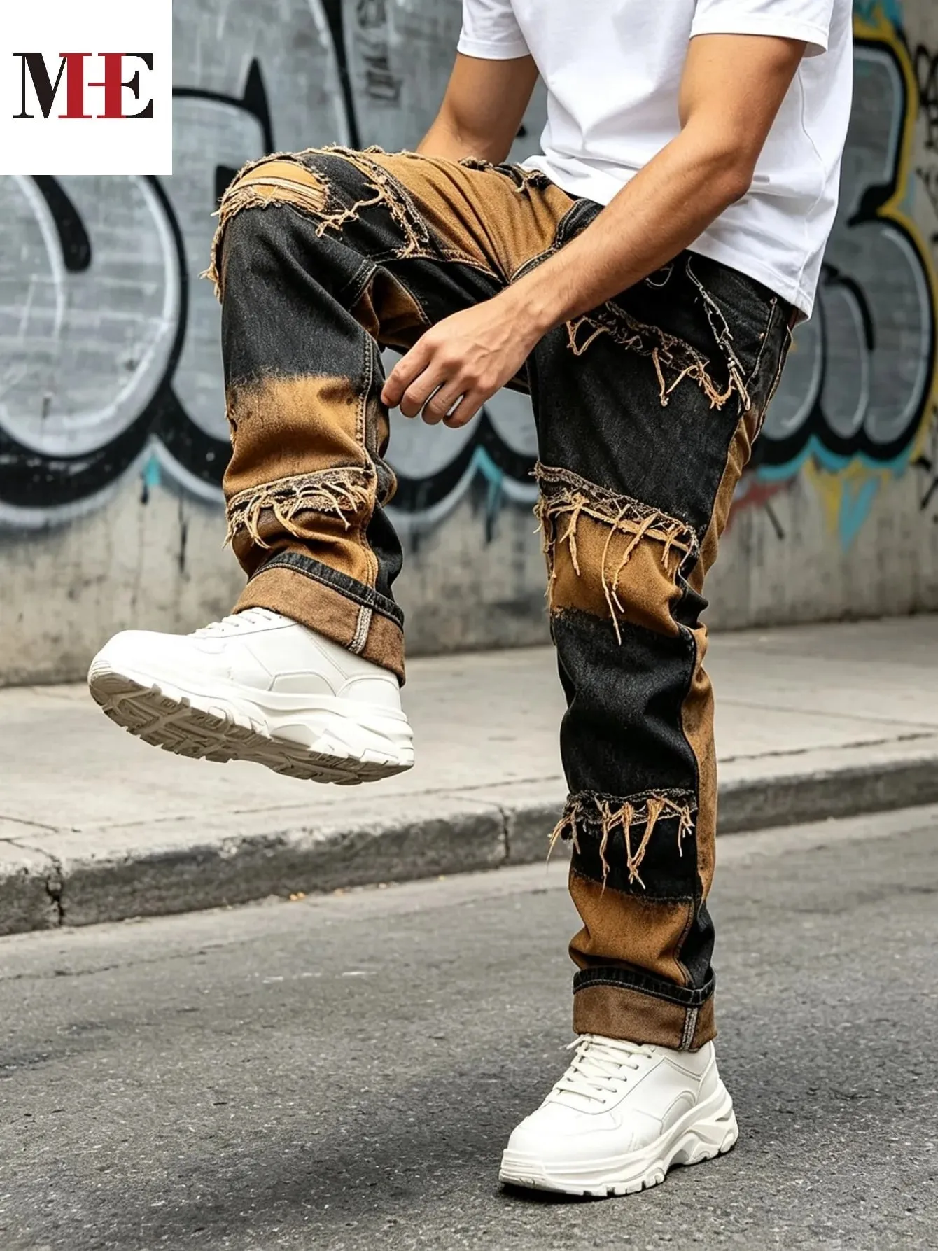 【HME】Men's Jeans | Straight‑Fit Deconstructed Denim Pants vintage Mud‑Wash Two‑Color Spliced Denim Trousers Exposed Frayed Tassel Seams Classic Five‑Pocket Construction Durable Fabric Fashion Men Casual Pants