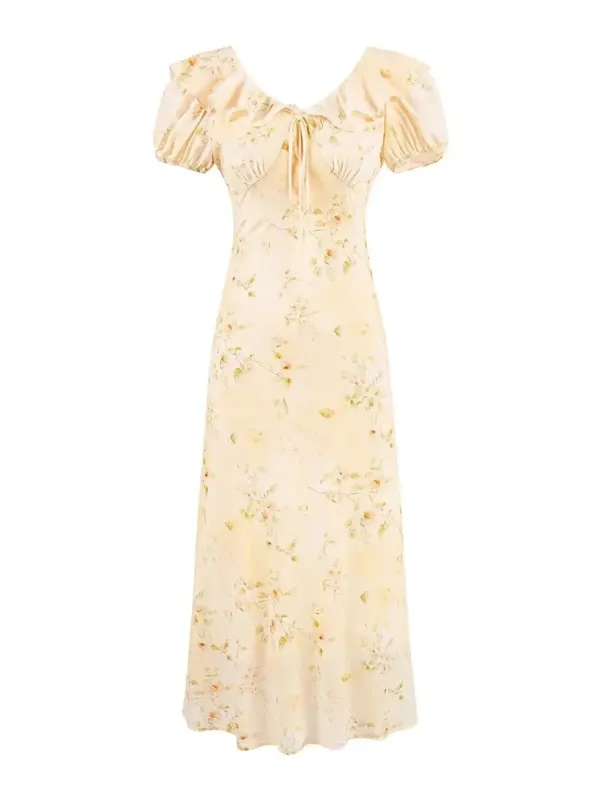 Chu Sau beauty Damen Neue Mode Süße Polka Dot Print Chic Rüschen Midikleid Französisch V-Ausschnitt Puffärmel Vintage Partykleider