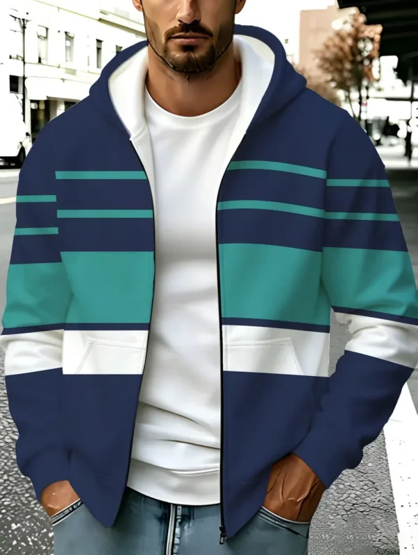 Hoodies for Man Striped Print Full Zip Sweatshirt Outdoor Wear Man Hoodie Fashion Casual Loose Sports Tops Pullover Man Clothing