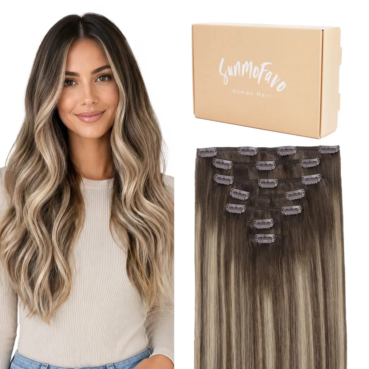Sunmofavo 100% Remy Human Hair Clip In Hair Extensions Balayage Caramel Blonde 7Pcs 120G Soft Silky Real Human Hair Perfect Match Balayage Hairstyle Easy Install Removable Instant Full Thick Volume Ideal for Daily Look Dating Party Wedding