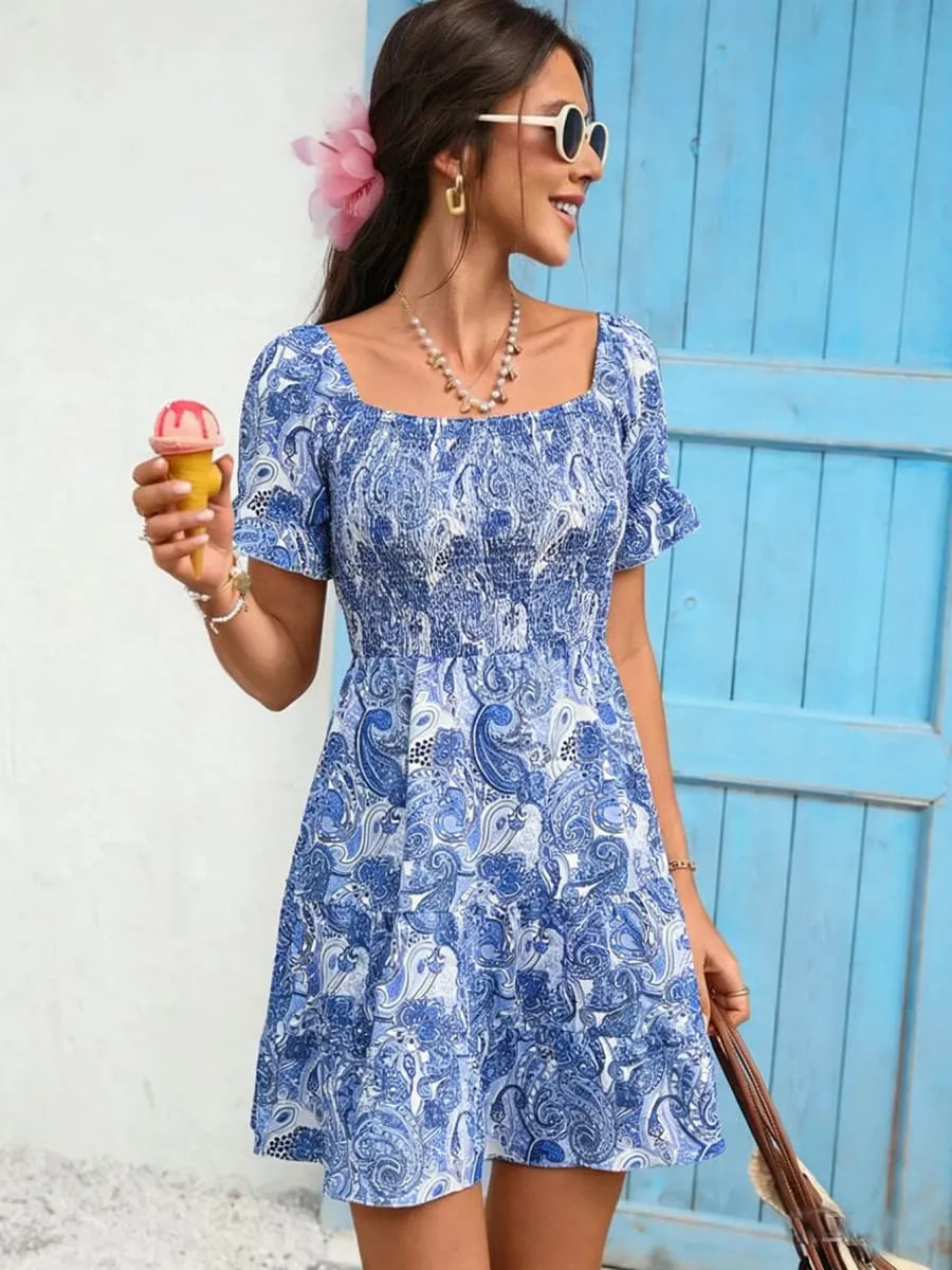 Women's Casual Dresses Square Neck Paisley Print Smocked A-line Dress Boho Dress Spring Summer Beach Date Cute Vacation Dress