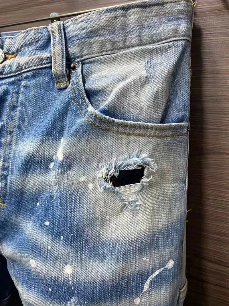 New Men's Ripped Jeans Distressed Elastic Slim Pencil Fit Denim Pants Paint Splatter Streetwear Y2K High Street Biker Trousers