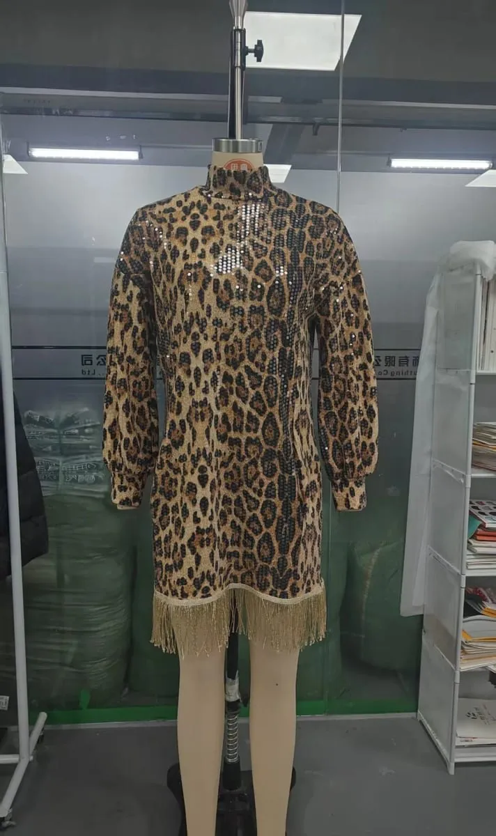 Autumn Winter Fashion Leopard Print Dress Casual Personalized Clothing Long Sleeved Sequins Tassel High Neck Pocket Short Dress