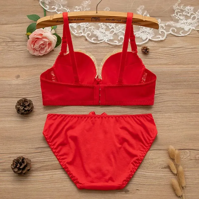 Women 2Pcs Intimates Set Sweet Peach Contrast Lace Floral Bow Underwire Bra Soft Cotton Mid Waist Panties Daily Comfort Lingerie