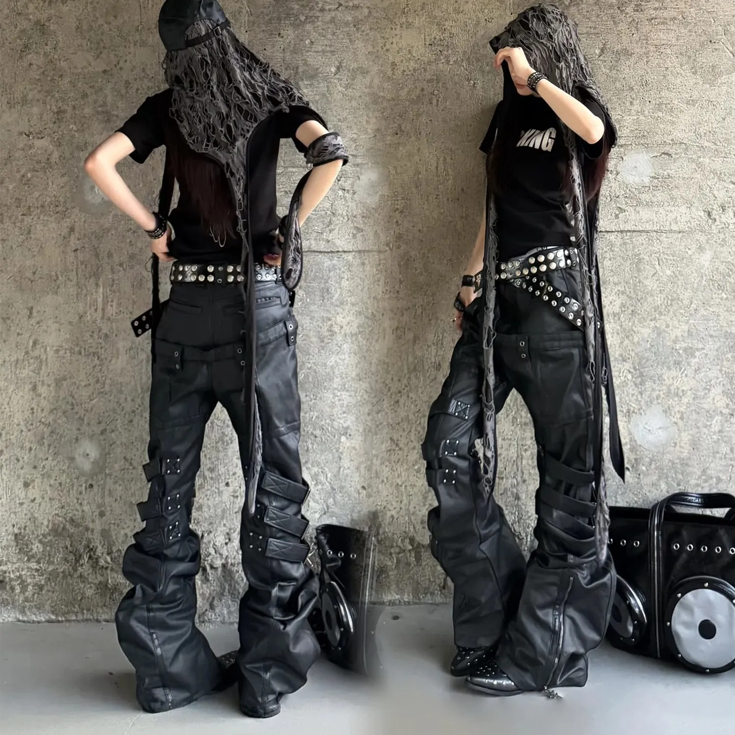 Men Women Wax Coated Skinny Stacked Jeans Double Waist Strap Buckle Patchwork Leather Gothic Punk Flared Curved Denim Pants
