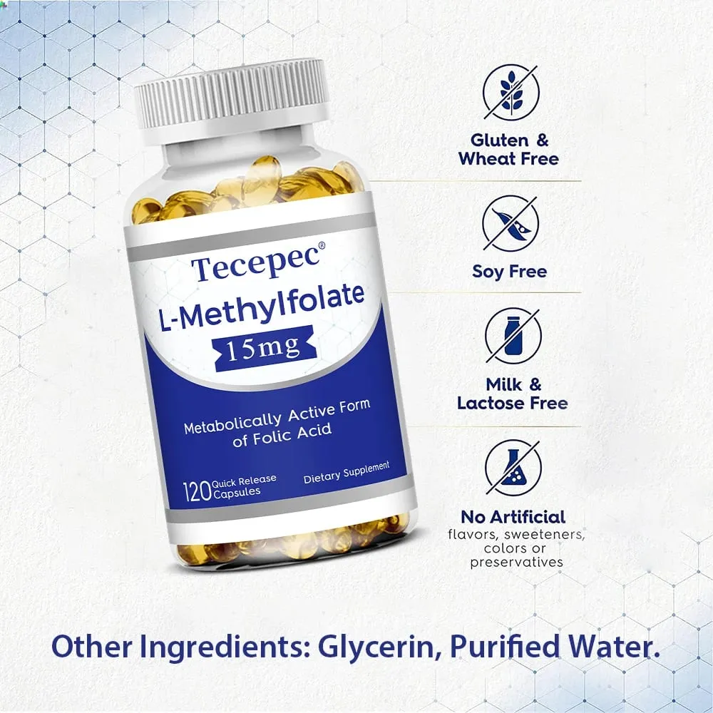 L-Methylfolate 15mg Supplement - Metabolically Active Form of Folic Acid Support Brain & Heart Health Non-GMO Gluten Free