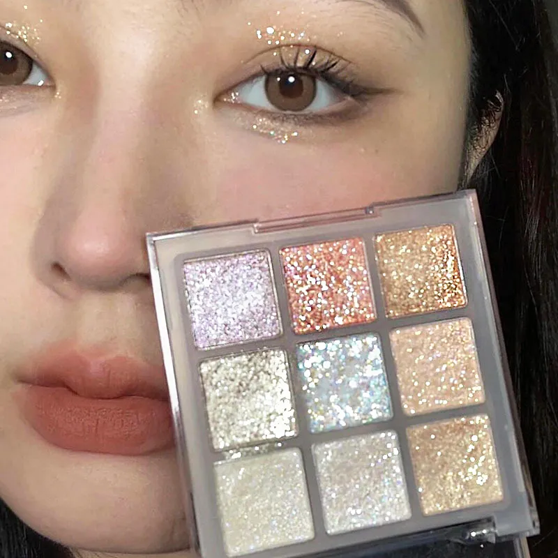 9Colors Glitter Eyeshadow Palette Pearlescent Earth Color Eye Shadow Shimmer Highlight Sparkling Sequin Gold Silvery Eyes Makeup