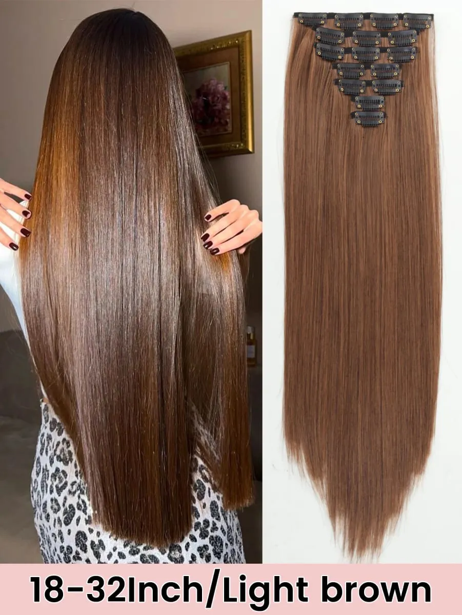 32Inchs Synthetic Long Straight Blonde Black Hairstyle Clips in Hair Extensions Hairpieces Heat Resistant False Hair Daily Party