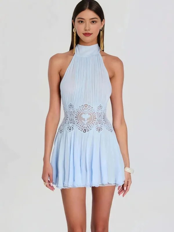 Sexy Hollow Out Women's Mini Dress Beach Pleated Lace Up Backless Sleeveless Female Dresses 2026 Summer Vacation Lady Robe