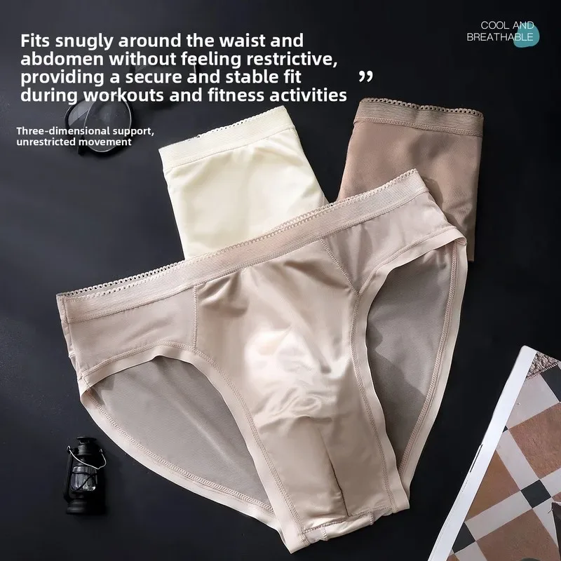 Male Glossy Silk Satin Briefs High Rise Lace Trim Ice Silk Underwear Soft Breathable U Pouch Men Panties