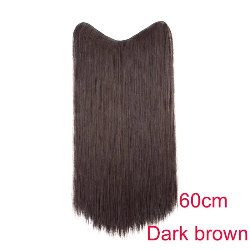 Synthetic 24Inch Long Straight One Piece Hair Extension 4 Clips V-shaped Hairstyle Black Brown Hairpiece for Women Daily Use