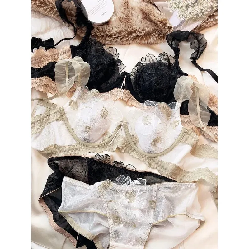 French Elegant Embroidered Lace Minimizer Bra Support Soft Underwire Rabbit Ear Cup Sexy Pure Lingerie Set Large Bust S-XL Tushy — image 3