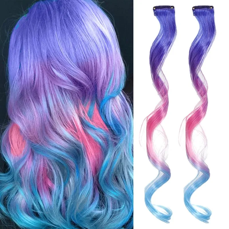 2pcs 16 Inch Colorful Hair Extensions Synthetic Ombre Wavy Clip in Hair Extensions Lightweight Hairpieces for Women Party Wear