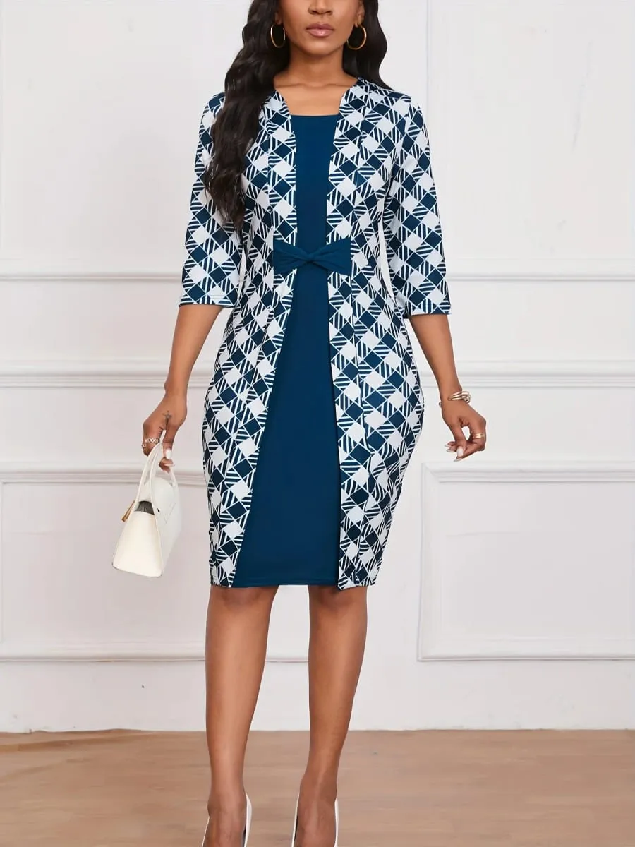Women Elegant Faux Two-Piece Notched Neck 3/4 Sleeve Bow Tie Office Work Party Casual Slim Knee Length Bodycon Dress Geometri