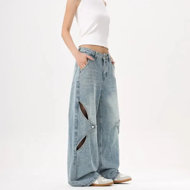 2025 New American style patchwork structure denim pants with holes men's and women's loose wide leg unisex straight leg jeans