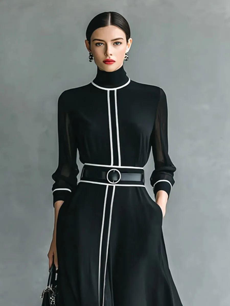 French Elegant Chiffon Maxi Dress High Neck Long Sleeve with White Piping Trim Ideal for Office Business Banquets & Parties