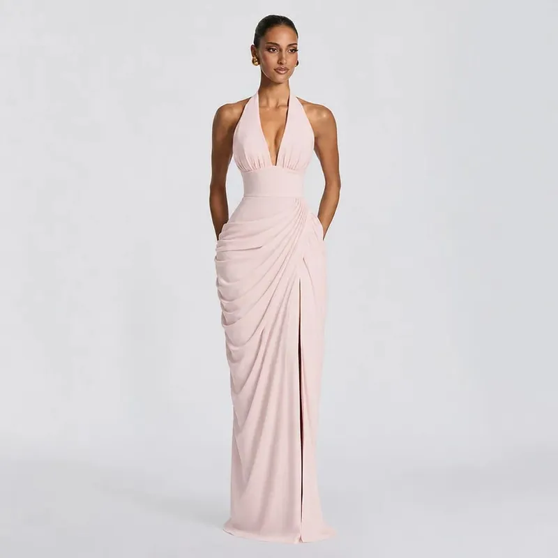 Sexy Solid Pleated Halter Women's Dress Fashion Sleeveless Backless Waist-cinching Split Maxi Dresses 2026 Summer Party Gowns