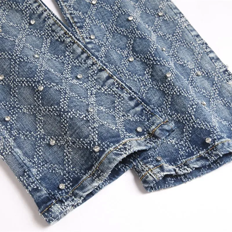 Men's Y2K Hip-hop Jeans American Retro Washed Blue Denim Pants Diamond Pattern Rivets Streetwear Slim Fit Party Male Trousers
