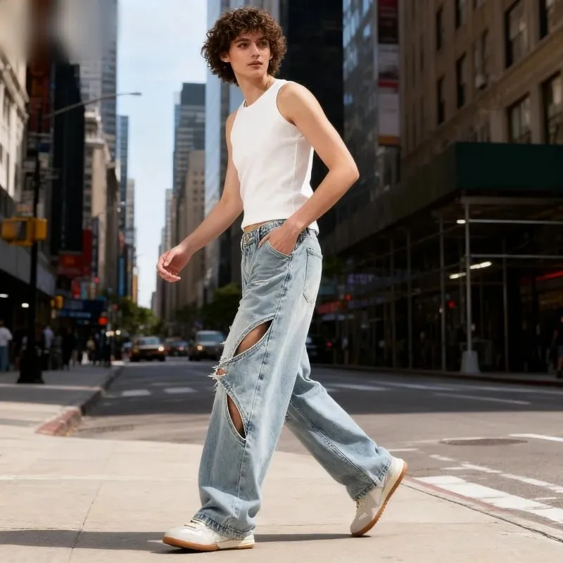 2025 New American style patchwork structure denim pants with holes men's and women's loose wide leg unisex straight leg jeans