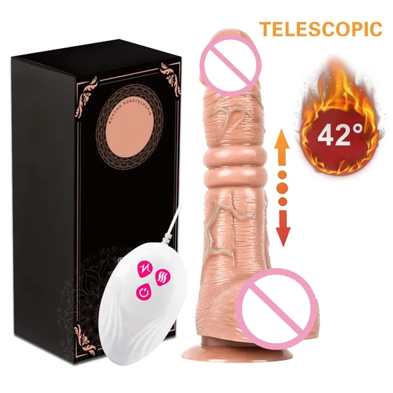 Vibração telescópica empurrando vibrador realista masturbação feminina com ventosa aquecimento pênis controle remoto pau para mulher