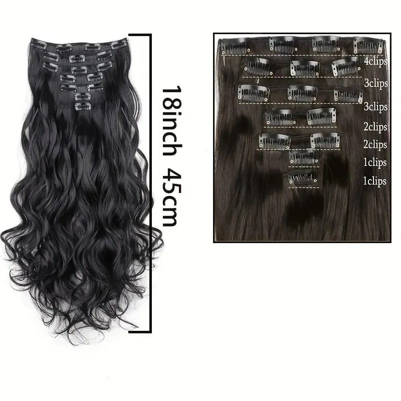 Clip In Hair Extensions 7 PCS Full Head 18Inch Long Curly Wavy Synthetic Hair Pieces Natural Wavy For Women GirlsHair cosplaywig