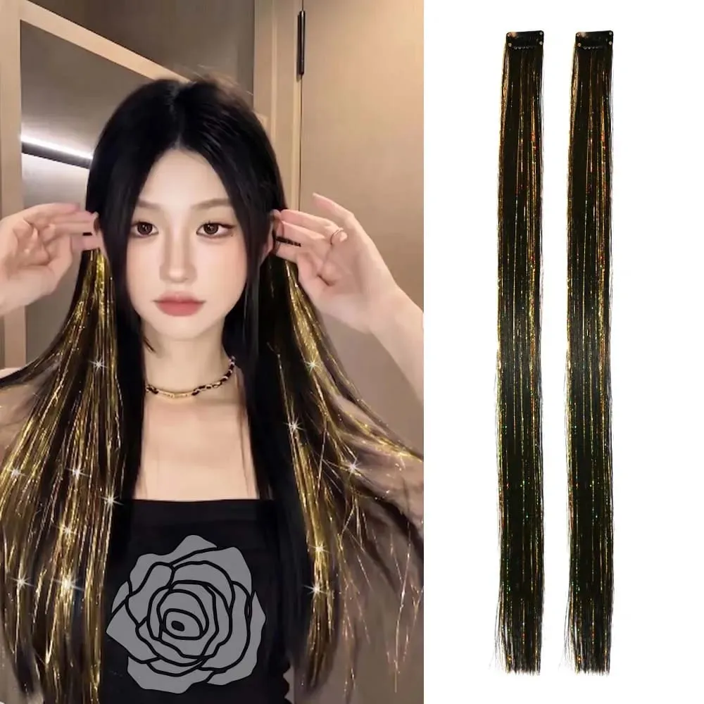 2PCS light brown with tinsel Hair Extensions 24inch Sparkling Hair Clips Multicolored Clip In On Hair Extension Synthetic Hair