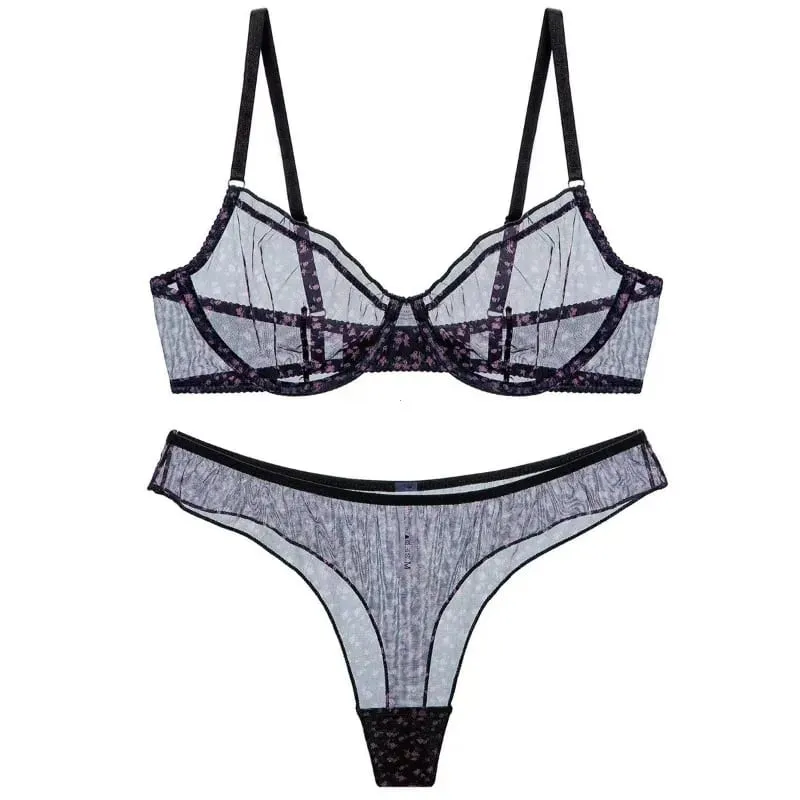 Women Floral Print Lace Lingerie Set French Ultra Thin Breathable Soft Bralette Intimate Underwear