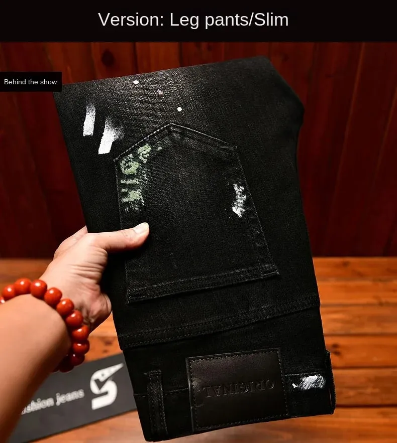 2025 Autumn American Fashion Black Jeans Men's Slim Fit Version with Piercing Patch Paint Printed Street Trendy Pants
