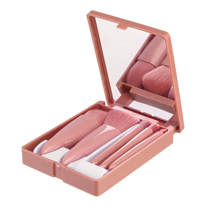 Set di pennelli per trucco da viaggio da 5 pezzi Mini pennelli per trucco Kit di pennelli cosmetici con piccola funzione completa con custodia e specchio perfetto