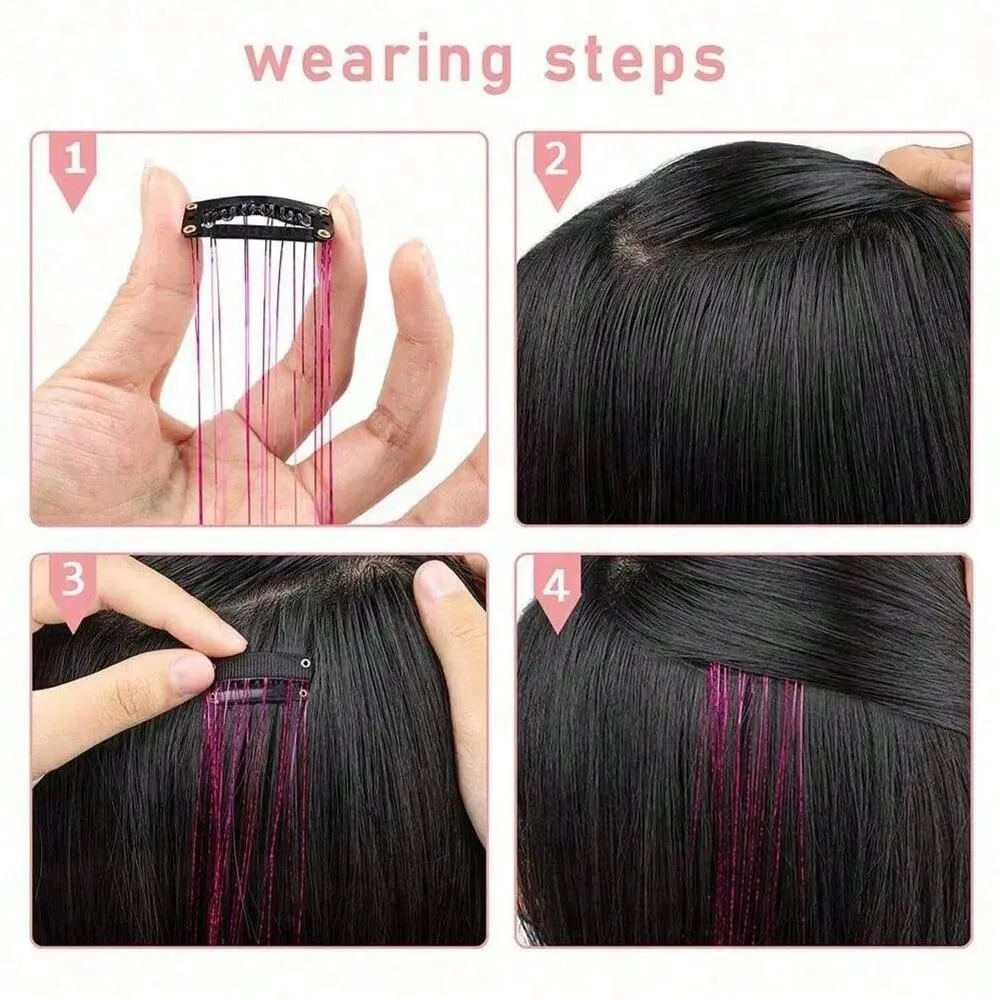 12Pcs Hair Tinsel Clip In 19.7" Glitter Tinsel Hair Extensions Synthetic Clip In Sparkle Hair Accessories For Kids Girls Women
