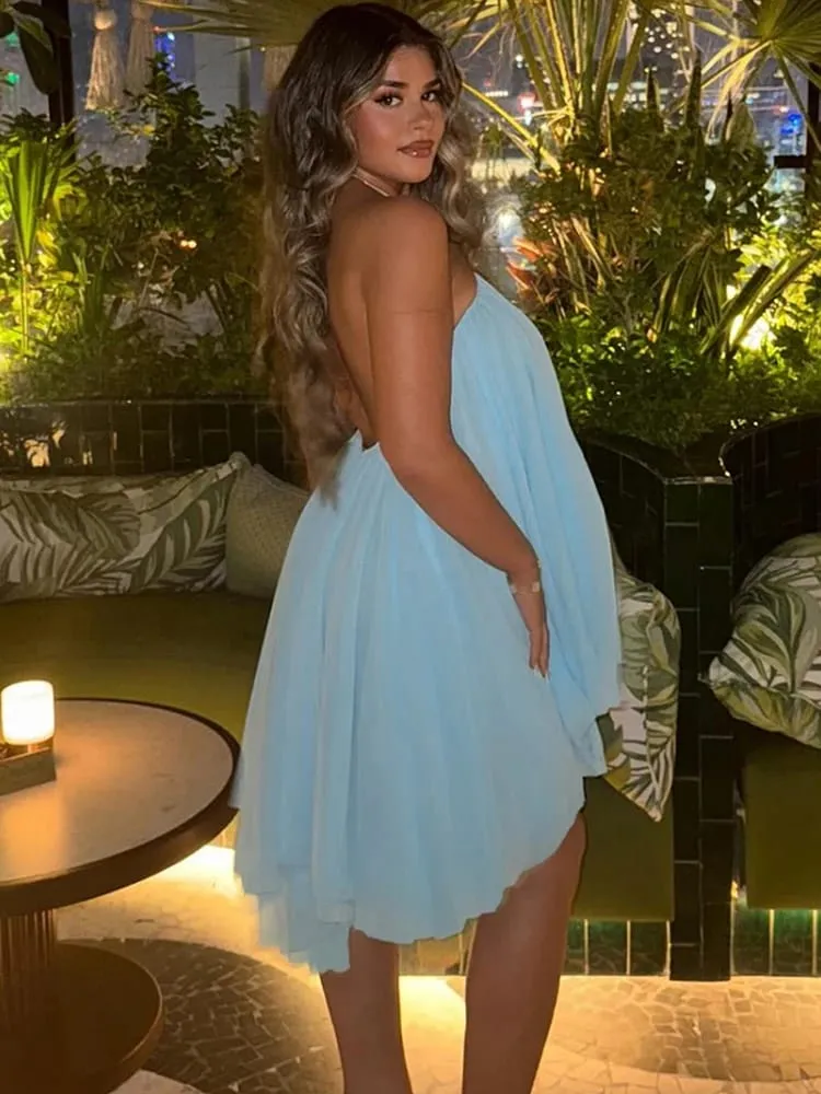 Weird Puss Halter Loose Dress Women Y2K Summer Sleeveless Backless Tiered Lrregular Hem Beach Vacation Sexy Trend Party Bodycon