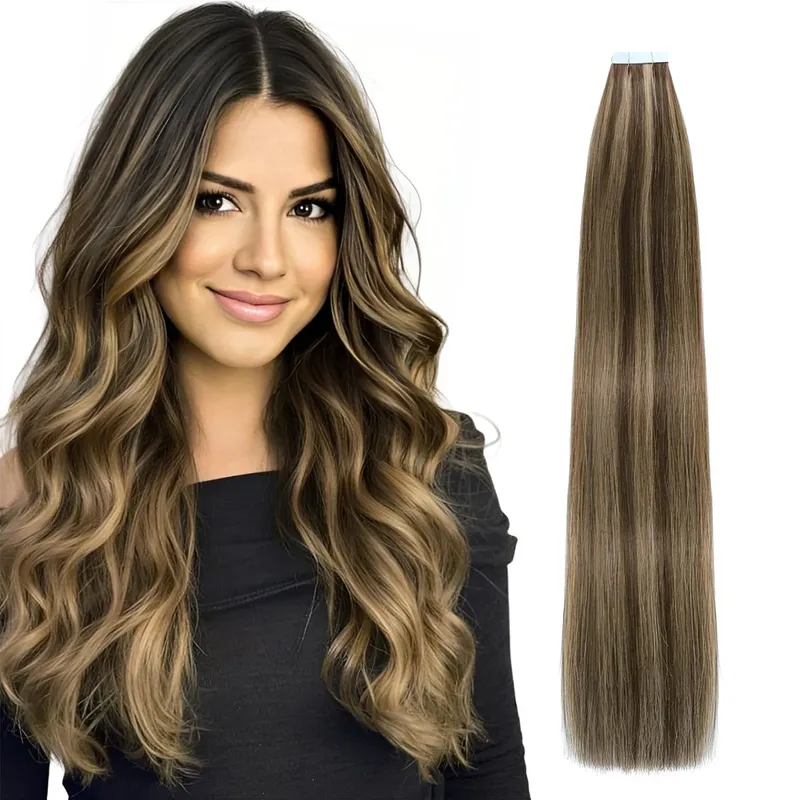 Red Color 20Pcs Tape-In Hair Extensions 100% Remy Human Hair Straight Highlight Color for Women Add Hair Length And Volume 50g