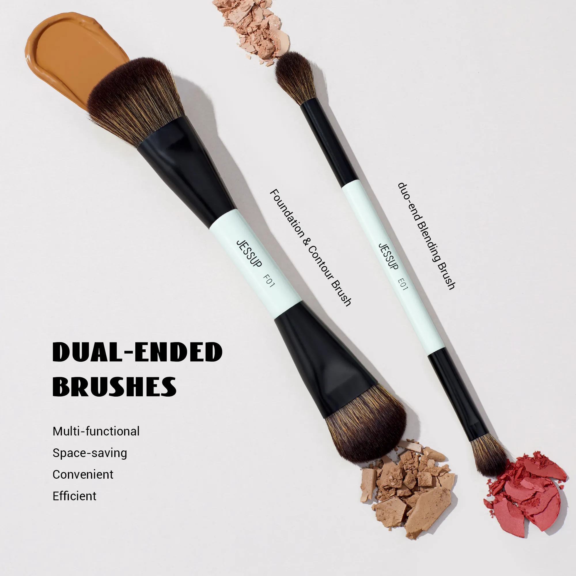 Jessup 2PCS Double Sided Makeup Brush Set Professional Foundation Contour Blush Eyebrow Shadow Blending Brushes Kit T502