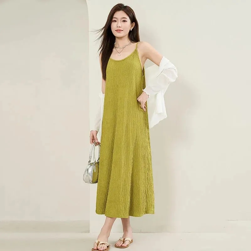 Women Spaghetti Strap Dress 2026 Summer Solid Color Loose Long Beach Sundress Lasy Elegant Sleeveless Evening Party Midi Dresses — image 4