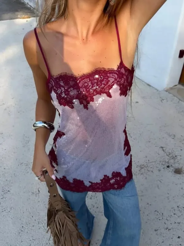 Sexy Sequin Lace Trim Patchwork Short Dress Women V Neck Sleeveless High Waist Mini Sling Dresses 2026 Summer Vacation Lady Robe
