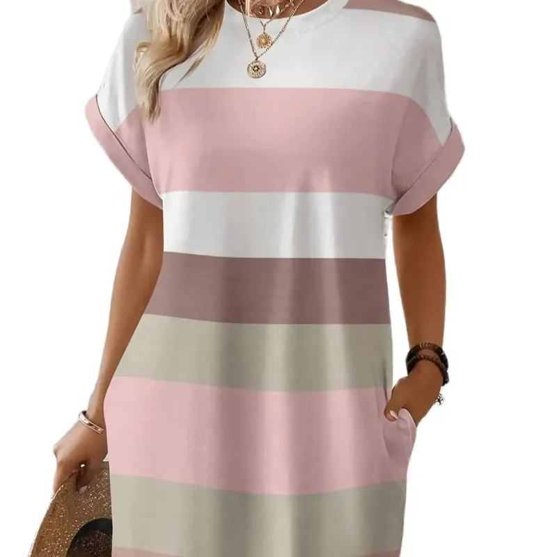 Vestido feminino listrado plus size casual solto manga curta vestido de verão com bolsos