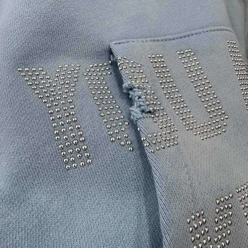 Light Blue PALY Letter Crystal Hoodie Ripped Washed Fashion Patch High Street Casual Men Women 1:1 Zipper Sweatshirts