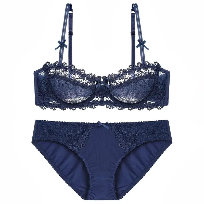 Sutiãs femininos de renda sexy de alta qualidade e breve conjunto de duas peças push up A B C D meio copo fio lingerie de verão preto azul vermelho