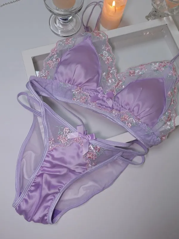 Gadis Perancis Bra Nipis Segitiga Cawan Ungu Sulaman Cahaya Sutera Mewah Set Seluar Dalam Renda Keinginan Tulen Seksi