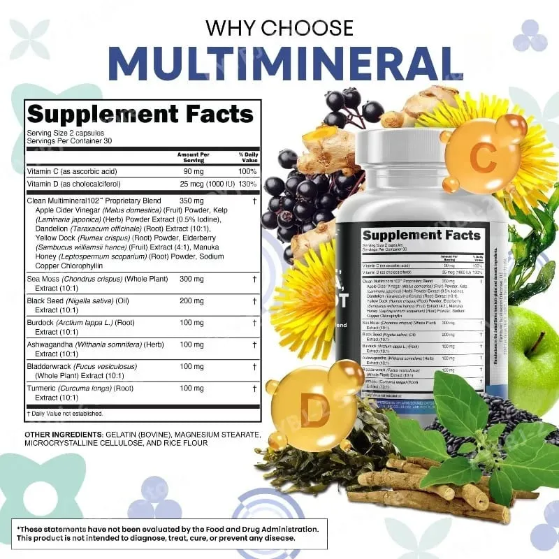 Sea Moss Kapsler indeholder sort frø gurkemeje og D-vitamin plantebaseret dagligt mineral alt i ét tilskud 60 antal pr. flaske