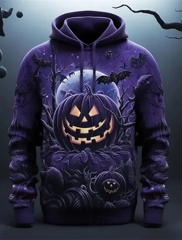 Halloween Purple Pumpkin hoodie pullover 3d tryckmönster par män kvinnor halloween karneval kostym fest avslappnad varje dag
