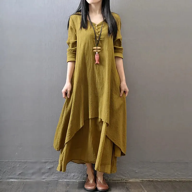 Spring Autumn Women Maxi Dresses Casual Full Sleeve Bohe Cotton Women'S Casual Fashion Loose Long With Button Solid Color Dresse