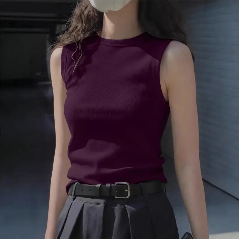 Ladies' Summer Fashion Round Neck Sleeveless Vest Soft Solid Color Suspender Korean Version Slim Fit Versatile Women's Clothing