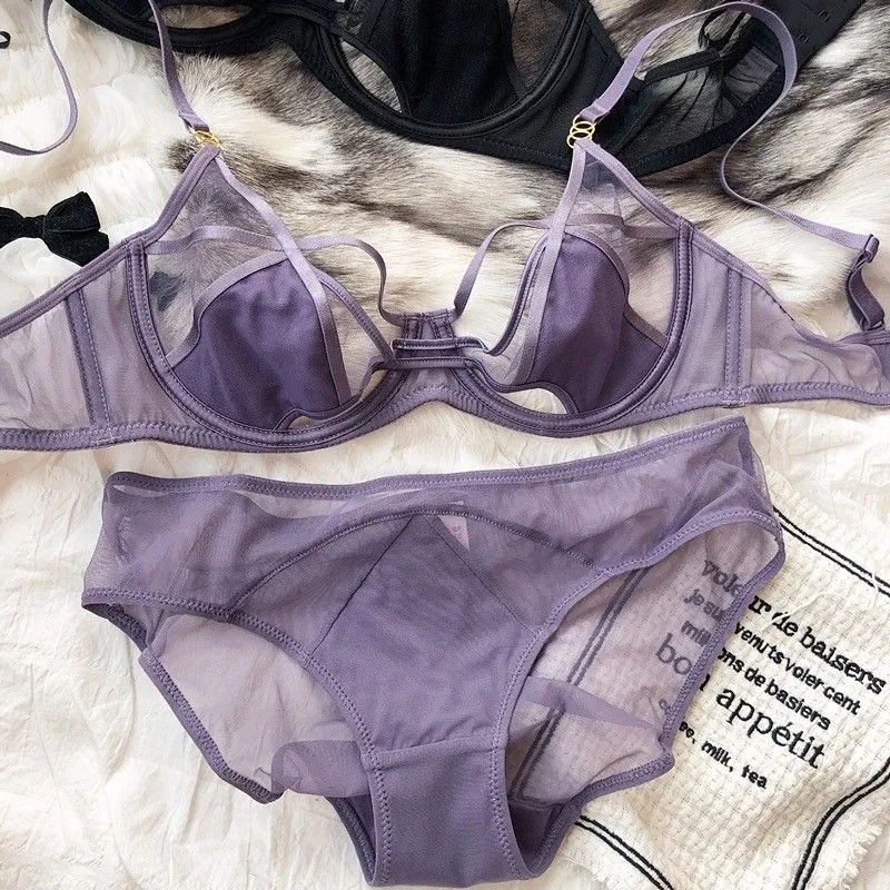 Women Underwear Set 2pc Summer Ultra-thin Sexy Lace Breathable Bra Set Mesh French High Quality Mesh Lingerie Clothing