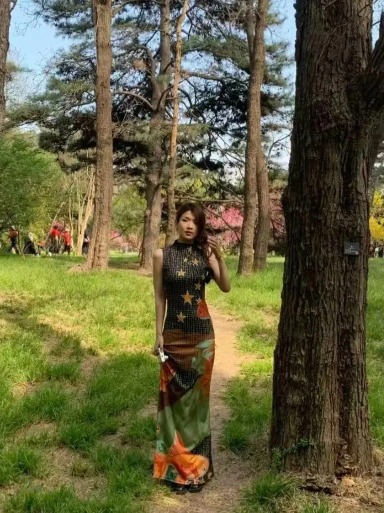 Women Sleeveless Qipao Midi Dress Goldfish Star Print Mandarin Collar Side Slit Vintage Chinese Style Bodycon Summer Cheongsam