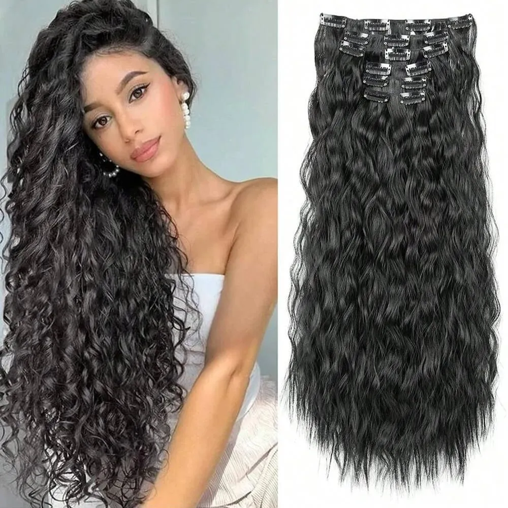 Synthetic Hair Extensions 16Clips In 6PCS Set Curly 24inch Long Clip On Hairpiece Corn Wavy Style For Women Girls Daily Party