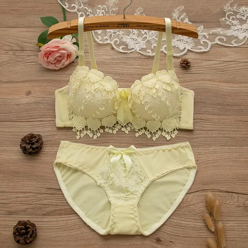 Women Lingerie Set Underwire Tassel Lace Push‑Up Bra With Removable Pads Bow Soft Multi‑Color Comfort Ladies Intimate Underwear